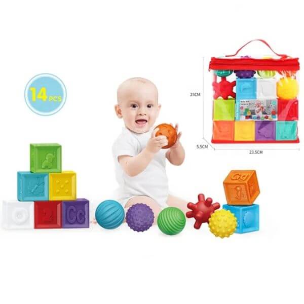 Perfect Dealz 14pcs Puzzle Sensory Soft and Textured Rubber Balls and Blocks Set For Kids