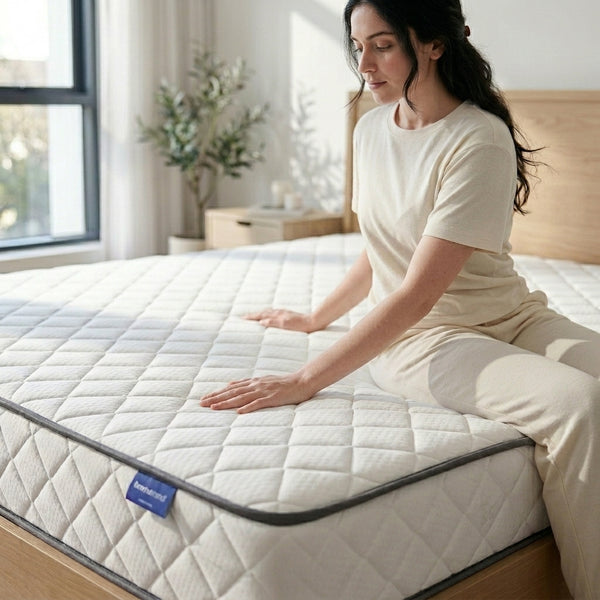 Woman sitting on the 1.8M Comfort Sleep Mattress in a well-lit bedroom setting.