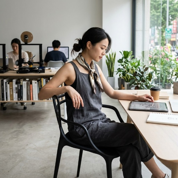 Woman sitting in a Cafe Replica Master Chair, working on a tablet in a modern office environment.