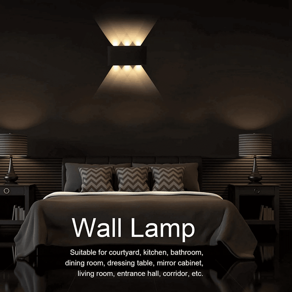 Modern LED Wall Light illuminating a stylish bedroom with lamps and contemporary decor.