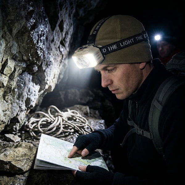 A person using a Head LED Light while examining a map in a dark cave environment.