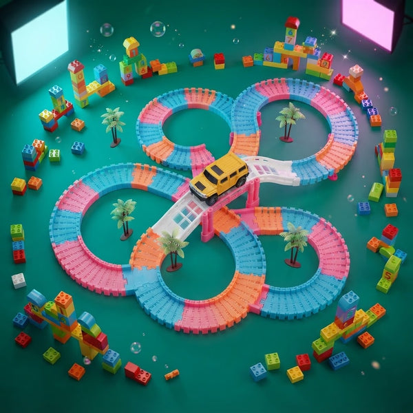 Image of the 134-Piece DIY Flexible Track Toy Set featuring colorful tracks and a toy car on a vibrant layout.