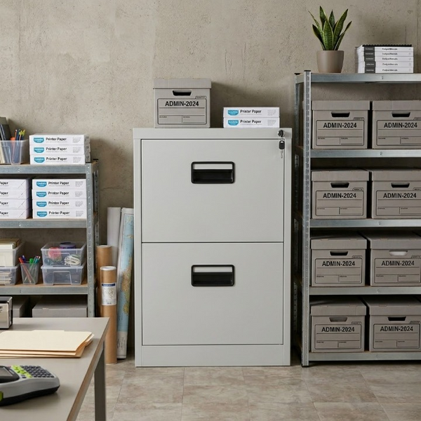 2-Drawer Compact Steel Filing Cabinet in a modern office setup with organized storage solutions.