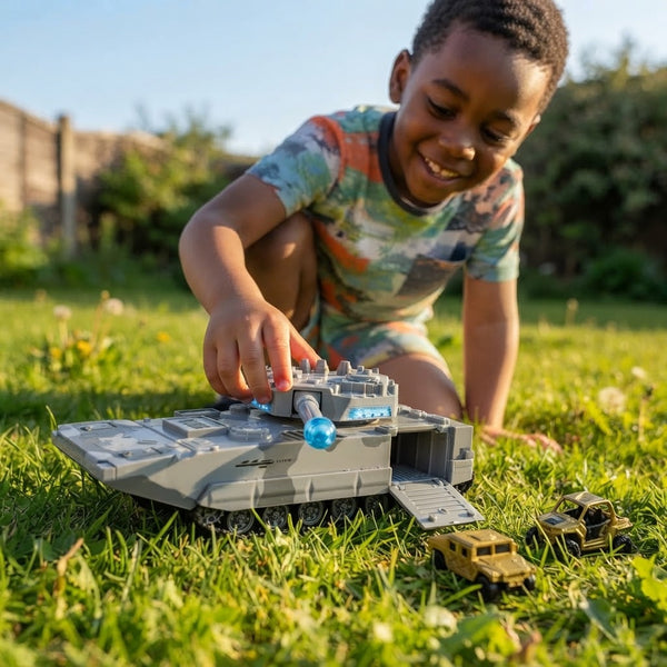Child playing with A-206 Amphibious Tank Toy in the garden on a sunny day.