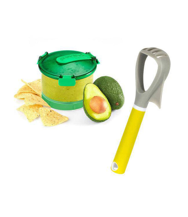5 in 1 Avocado Tool with sliced avocado and guacamole container beside chips for easy avocado preparation.