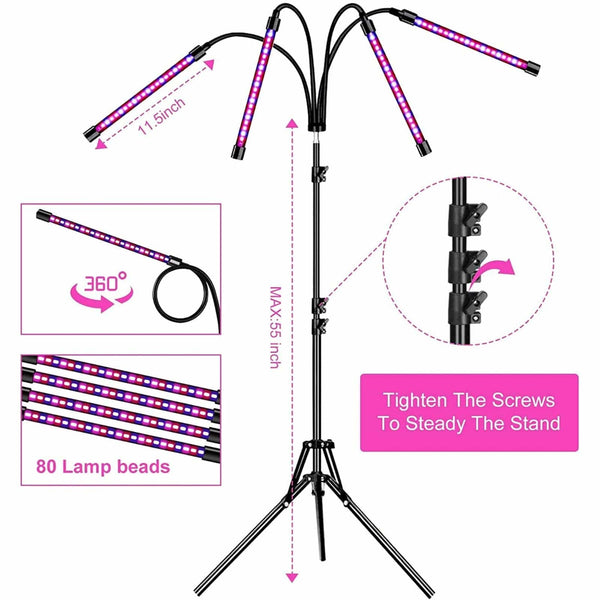 Wireless LED Grow Light with adjustable arms and 80 lamp beads for optimal indoor plant growth.