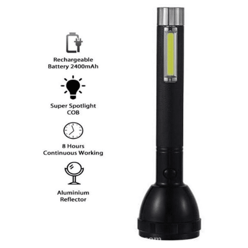 Pro High-Power Flashlight with rechargeable 2400mAh battery, 8 hours continuous working, and aluminum reflector.