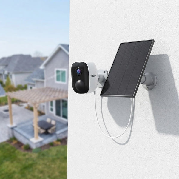 4G Solar-Powered Outdoor Security Camera installed on a wall with a solar panel for efficient energy use.