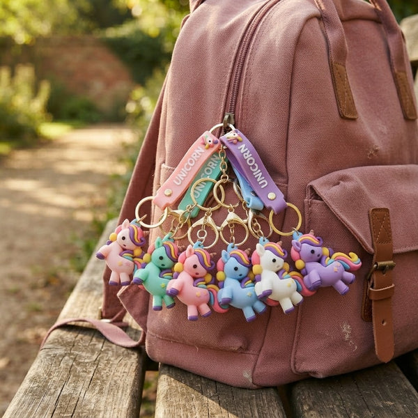 3D Unicorn Silicone Keychain collection hanging from a pink backpack, showcasing colorful unicorn designs.