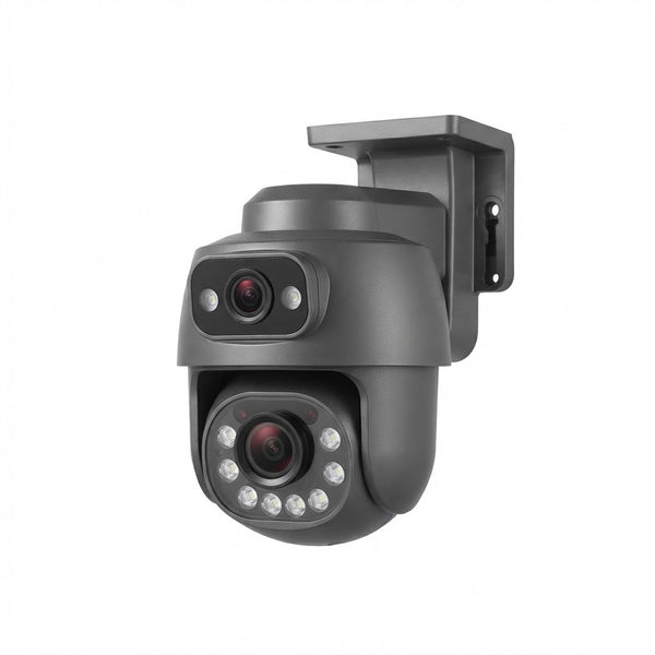 Dual-Lens PTZ Outdoor Security Camera mounted on a wall with active night vision lights.