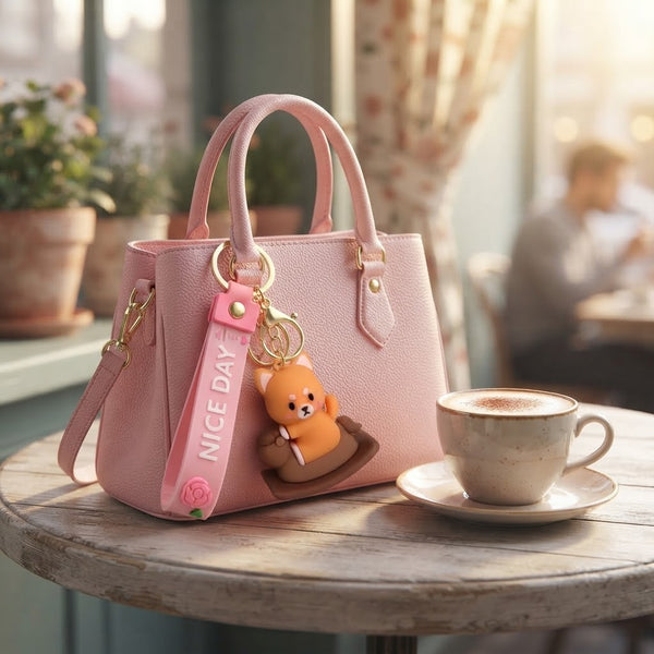 Cartoon Animal Keychain attached to a pink handbag on a cafe table with a coffee cup.