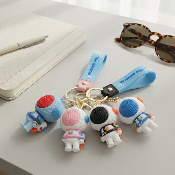 3D Silicone Astronaut Keychain set on a desk with sunglasses, showcasing colorful astronaut designs and keyring attachment.