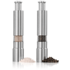Chef Master Adjustable Salt & Pepper Grinder set showcasing stainless steel design with salt and pepper grains.