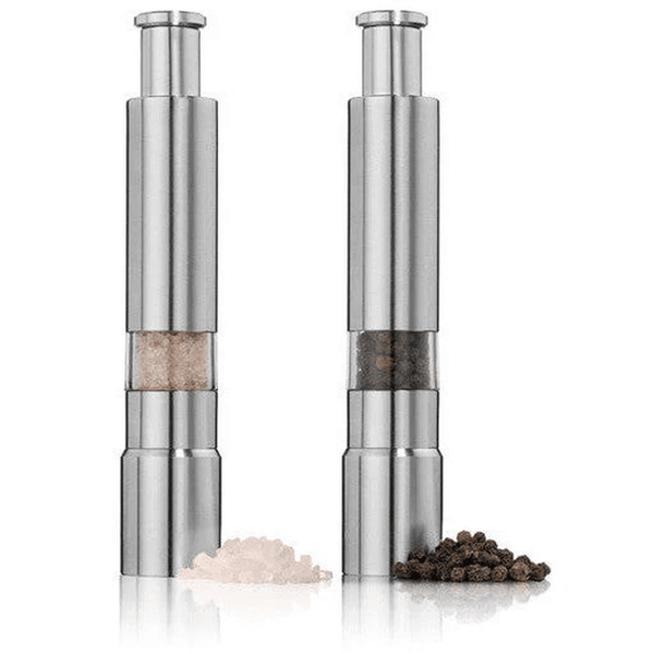 Chef Master Adjustable Salt & Pepper Grinder set showcasing stainless steel design with salt and pepper grains.