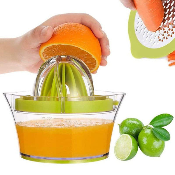 4 in 1 Multi-Function Manual Juicer extracting fresh orange juice with lime and carrot on the side.