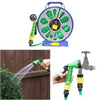 15m Flat Hose with Spray Nozzle on a reel, demonstrating watering plants and connected to a faucet.