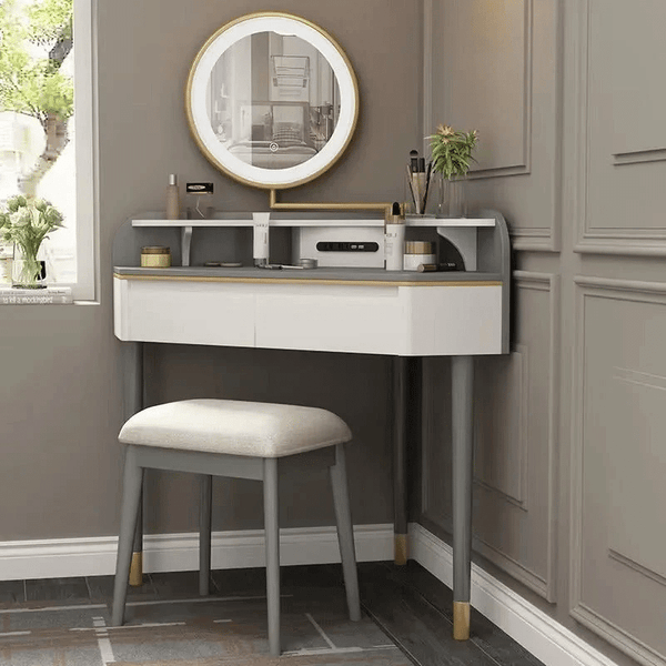 Glow Vanity Dresser with Mirror featuring a modern design, full-height mirror, and organized makeup station.