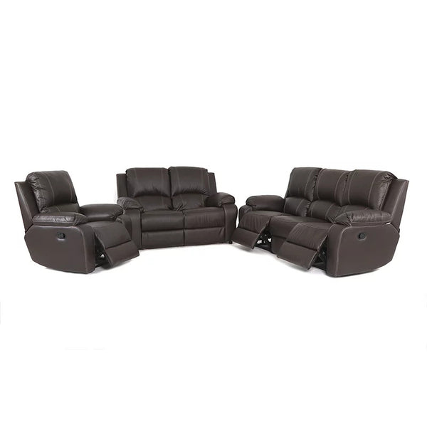 6 Seater Triple Action Recliner Lounge Suite in dark brown leather-look fabric, featuring reclining seats for comfort.
