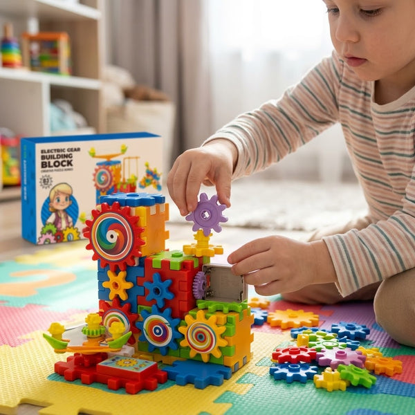 Child playing with Gear Motion Electric Building Block Set, assembling colorful gears and blocks on a play mat.