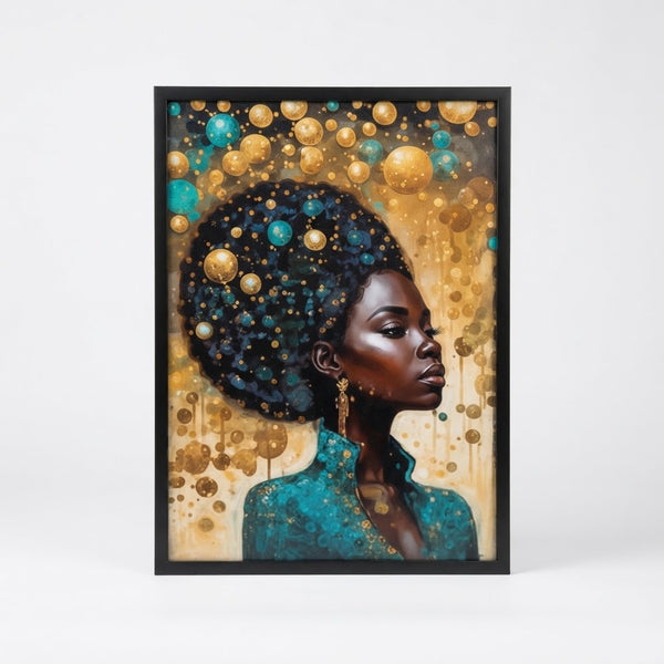 Framed Black Girl Magic Canvas Art Portrait featuring a young Black woman in a teal top with gold accents.