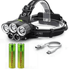 USB Rechargeable Waterproof LED Headlamp with rechargeable batteries and USB cable for outdoor use.