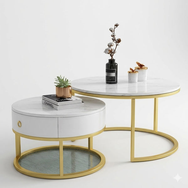 Coffee Table with Wooden Drawer and Metal Frame, featuring round designs and elegant gold accents.
