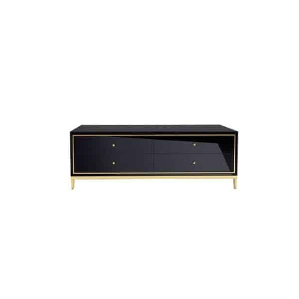 Four Drawer Coffee Table in sleek black finish with gold legs, featuring hidden storage for a modern living space.