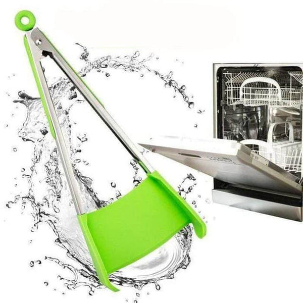 2 in 1 Clever Tongs in bright green color, shown with water splashing around, demonstrating ease of cleaning.