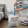 Vacuum Storage Bags with Hand Pump shown with hand pump compressing bedding in a transparent bag.