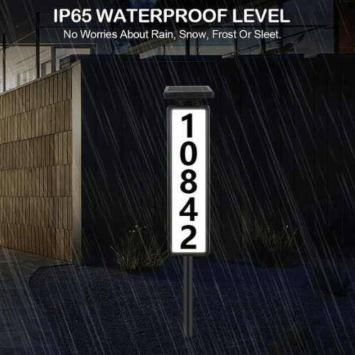 LED House Number Kit showcasing waterproof level with illuminated address visible in the rain.