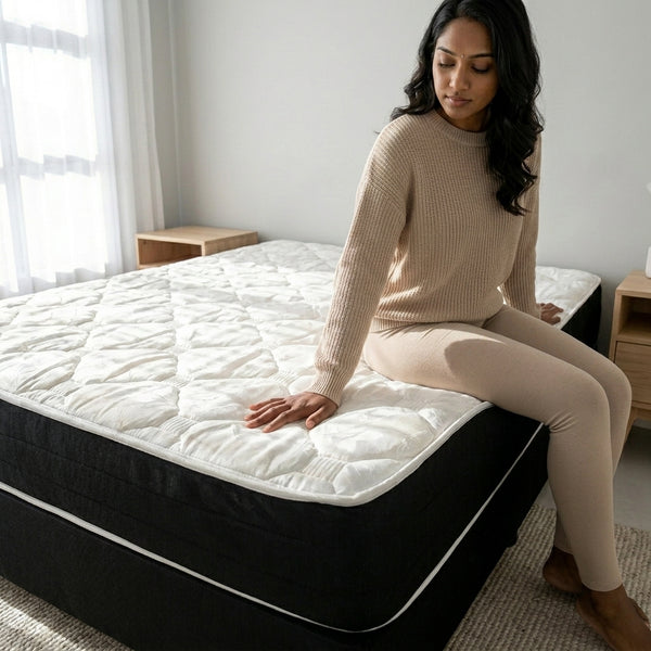 A woman sitting on the 1.5M Medium Firm Support Foam Mattress in a cozy bedroom setting.