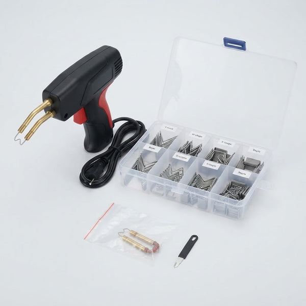 Hot Stapler Plastic Repair Kit with 1200PCS Staples, featuring a stapler gun and assorted stainless steel staples.