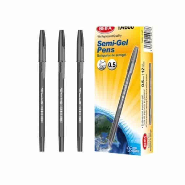12 pcs Black Semi Gel Pens packaging with three pens displayed, showcasing the product features and quality.
