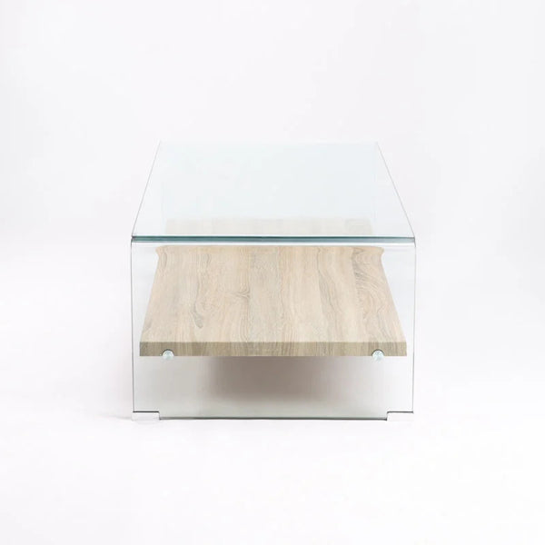 Tempered Glass Coffee Table with Oak Shelf featuring a sleek design and practical storage space.