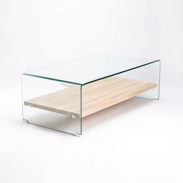 Tempered Glass Coffee Table with Oak Shelf showcasing modern design and functional storage.