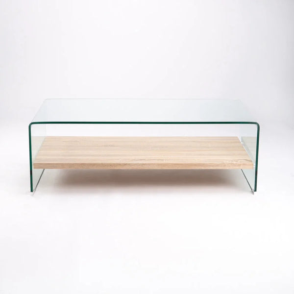 Tempered Glass Coffee Table with Oak Shelf featuring a sleek design and practical storage space.
