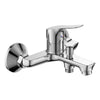 Wall Mounted Single Lever Bathtub Faucet with Pulsing Shower Head in chrome finish for modern bathrooms.