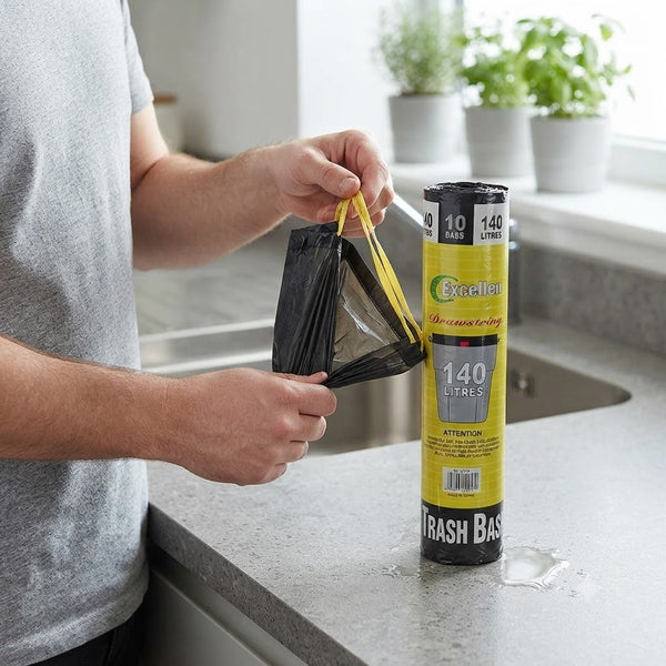 Roll of 10 140L Heavy Duty Drawstring Trash Bags