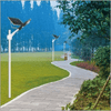 50W Solar Motion Street Light illuminating a garden pathway with solar panels and greenery in the background.