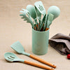 11 Piece Silicone Kitchen Utensil Set in mint green, featuring various tools for cooking and serving.