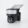 Solar-Powered Security Camera with Integrated LED Floodlight showcasing solar panel and LED lights.