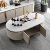 Oval Faux Marble Coffee Table with Storage featuring elegant design and open storage compartments.