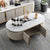 Oval Faux Marble Coffee Table with Storage featuring elegant design and open storage compartments.
