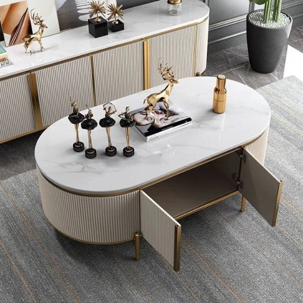 Oval Faux Marble Coffee Table with Storage featuring elegant design and open storage compartments.