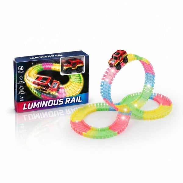 Luminous Rail DIY Set with colorful glow-in-the-dark track and toy car for customizable racing fun.