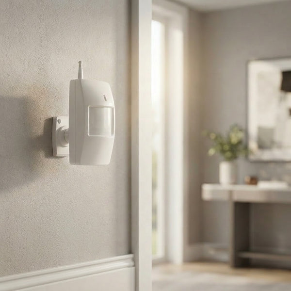 433MHz Wireless PIR Motion Detector Unit mounted on a wall in a modern interior space.