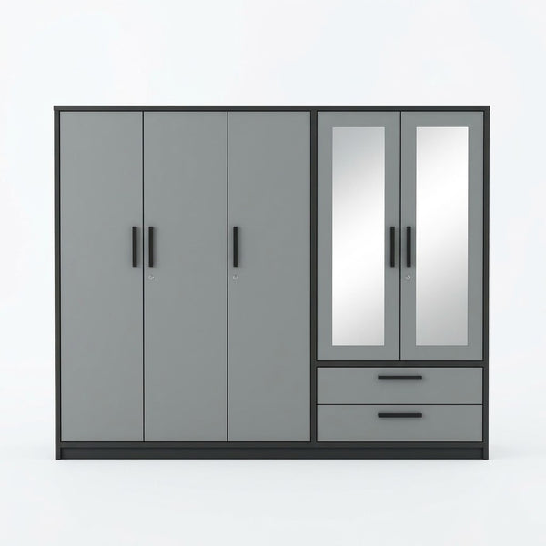 6-Door Wardrobe with Mirrored Doors and Storage Drawers