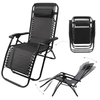 Deluxe Folding Lounger Chair with Headrest and Side Tray, showcasing a black reclining chair that easily folds.