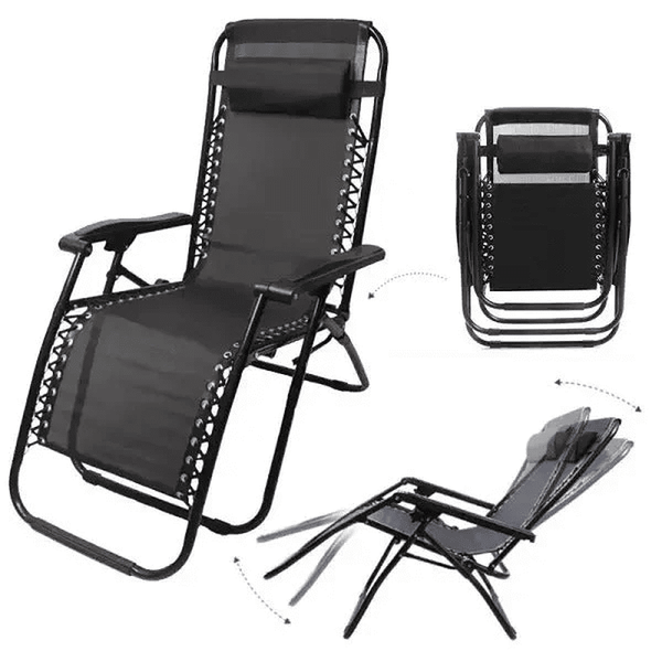 Deluxe Folding Lounger Chair with Headrest and Side Tray, showcasing a black reclining chair that easily folds.