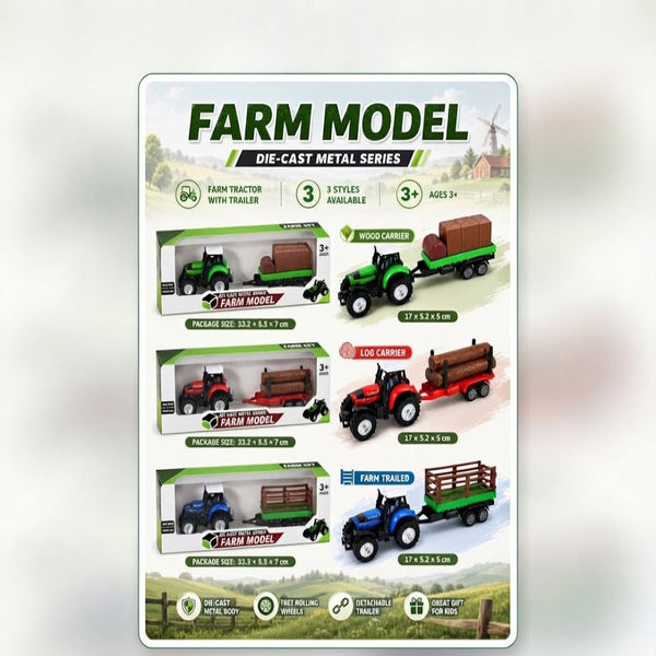 Farm Model Die-Cast Metal Series Toy Set featuring various farm vehicles and trailers for imaginative play.